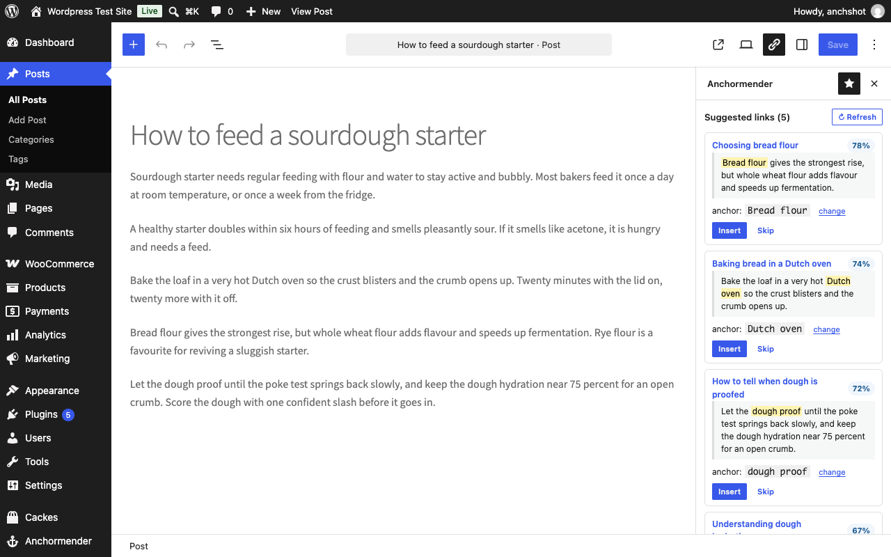 Suggestions in the block editor sidebar with the matching sentence and anchor.
