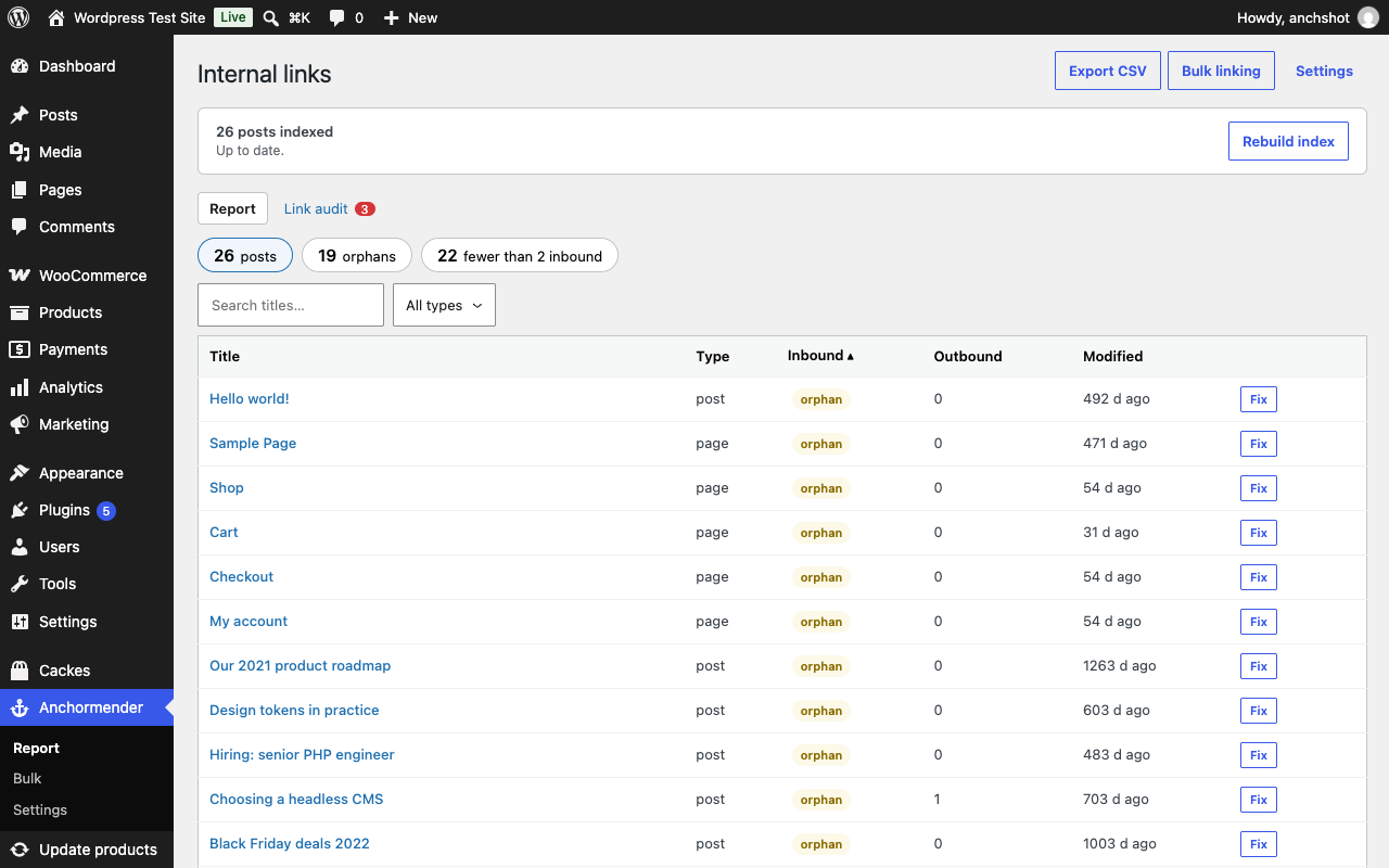 The link report with orphan pages and inbound/outbound counts.