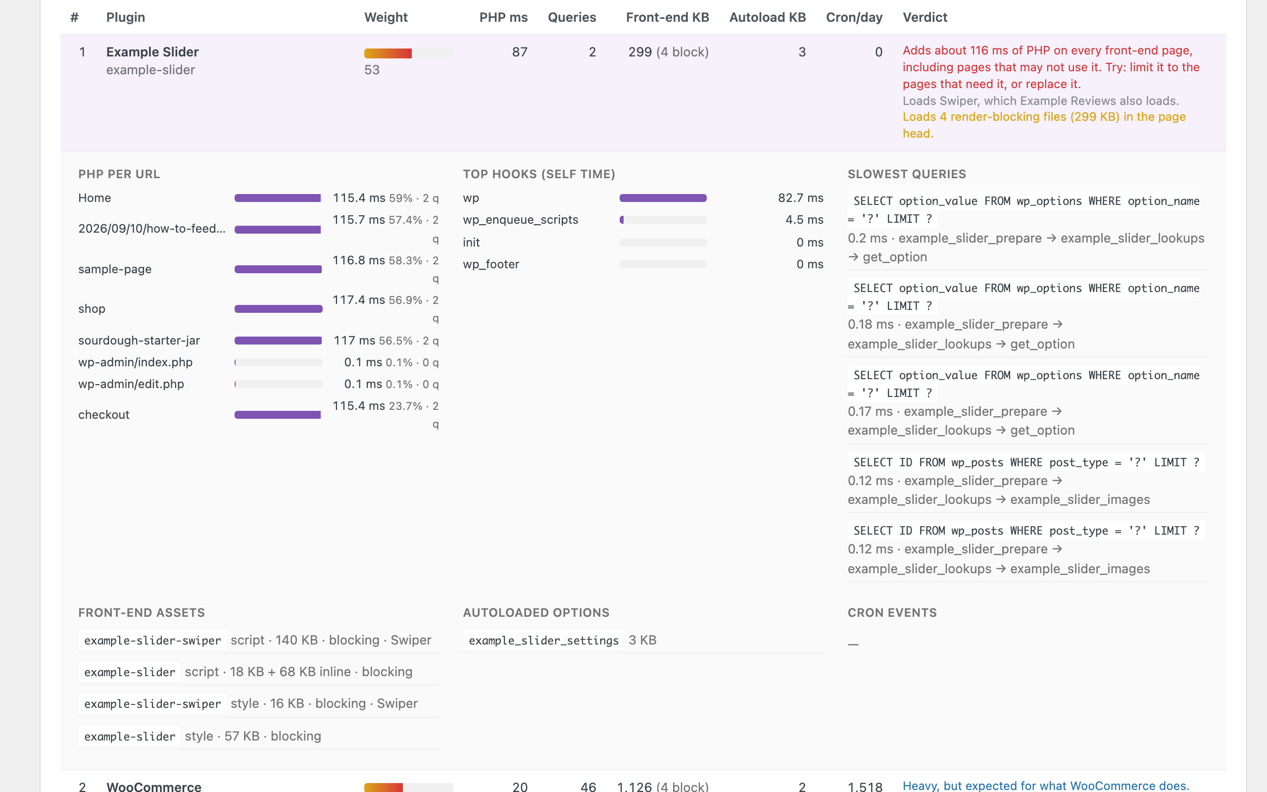 Expanded plugin row: PHP per URL, slowest hooks and queries, assets and options.