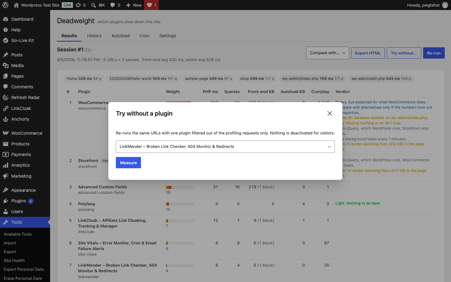 Try without: the same pages measured with one plugin filtered out.