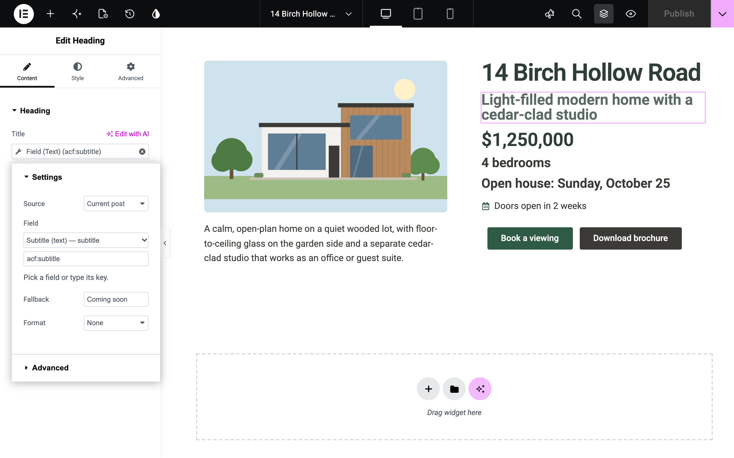 Put any custom field in a Heading with the Field (Text) tag: source, field, format and fallback in one panel.