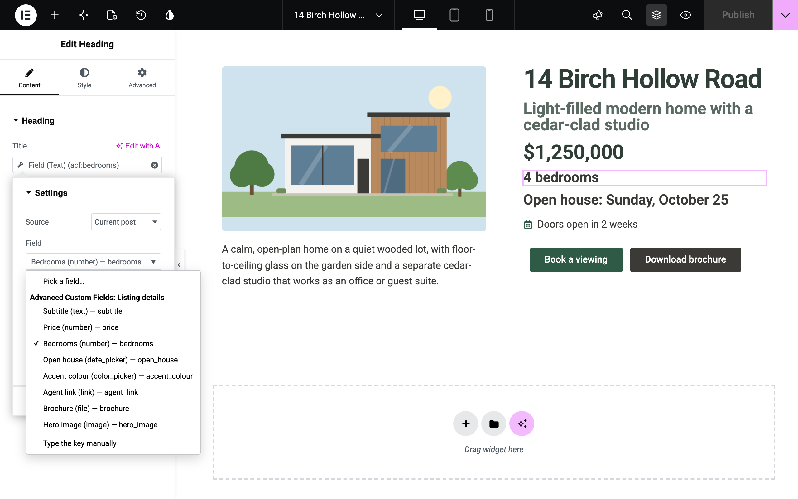 No keys to remember: the field picker lists your ACF field groups with each field's type.