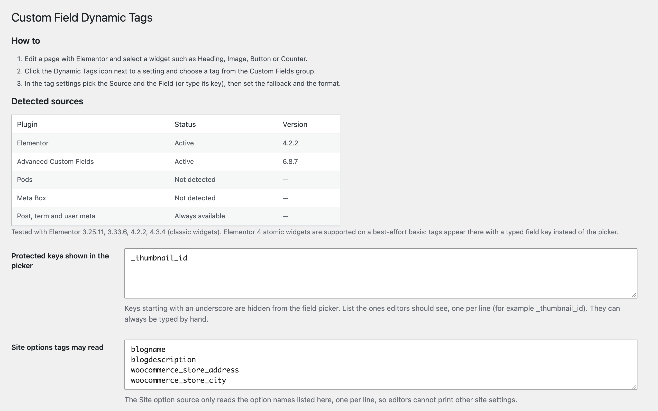 See which field plugins were detected and choose what editors may read on the settings page.