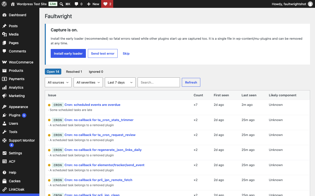 Issues list: every failure source in one place, grouped, with the likely component.