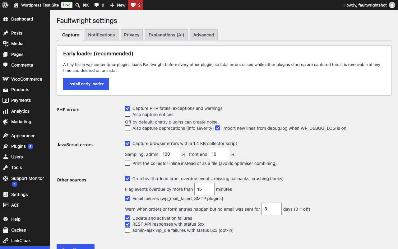 Settings: capture sources, early loader, notifications and privacy.