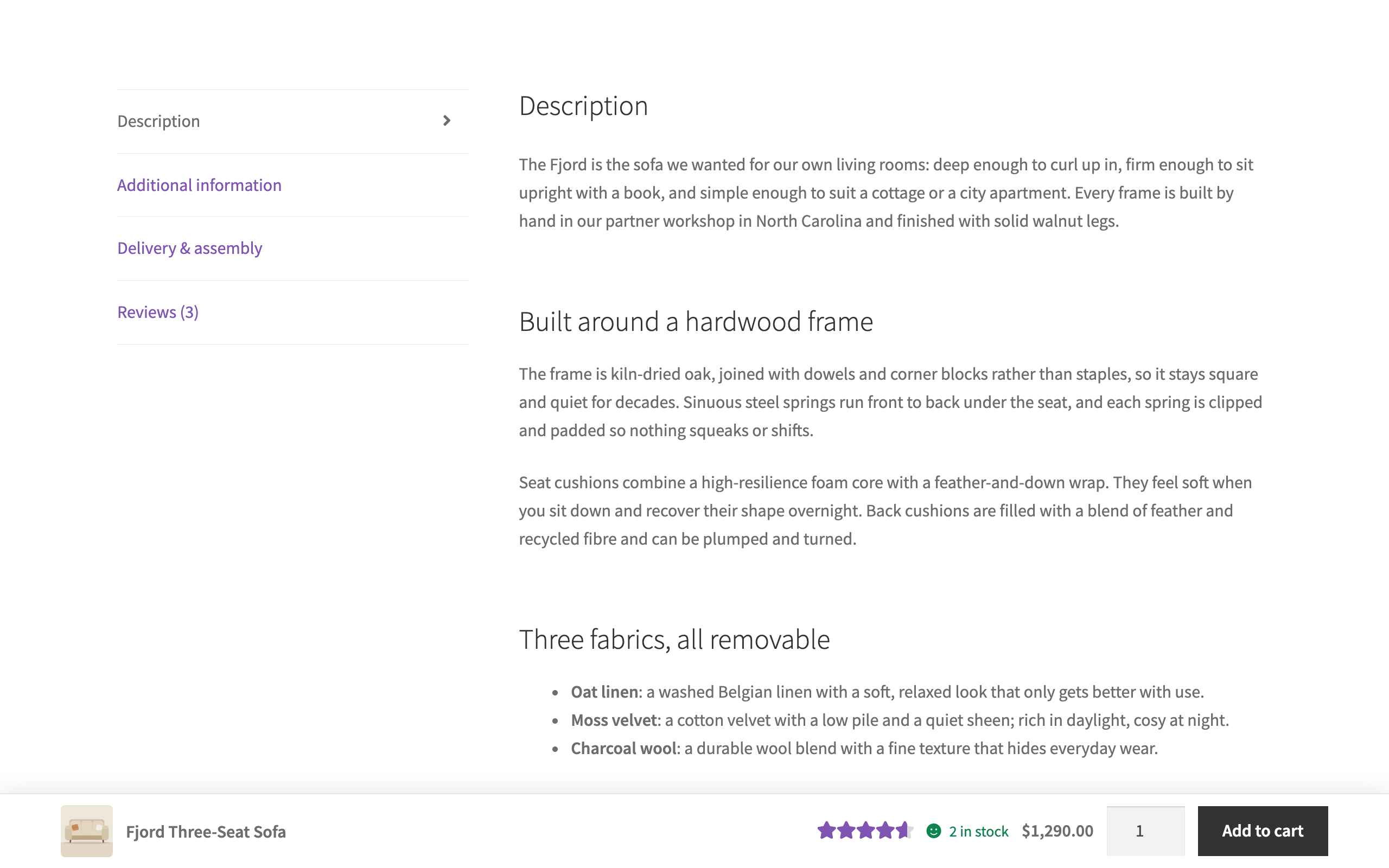 The bar at the bottom of a desktop product page: image, name, price, quantity and Add to cart, one click away.