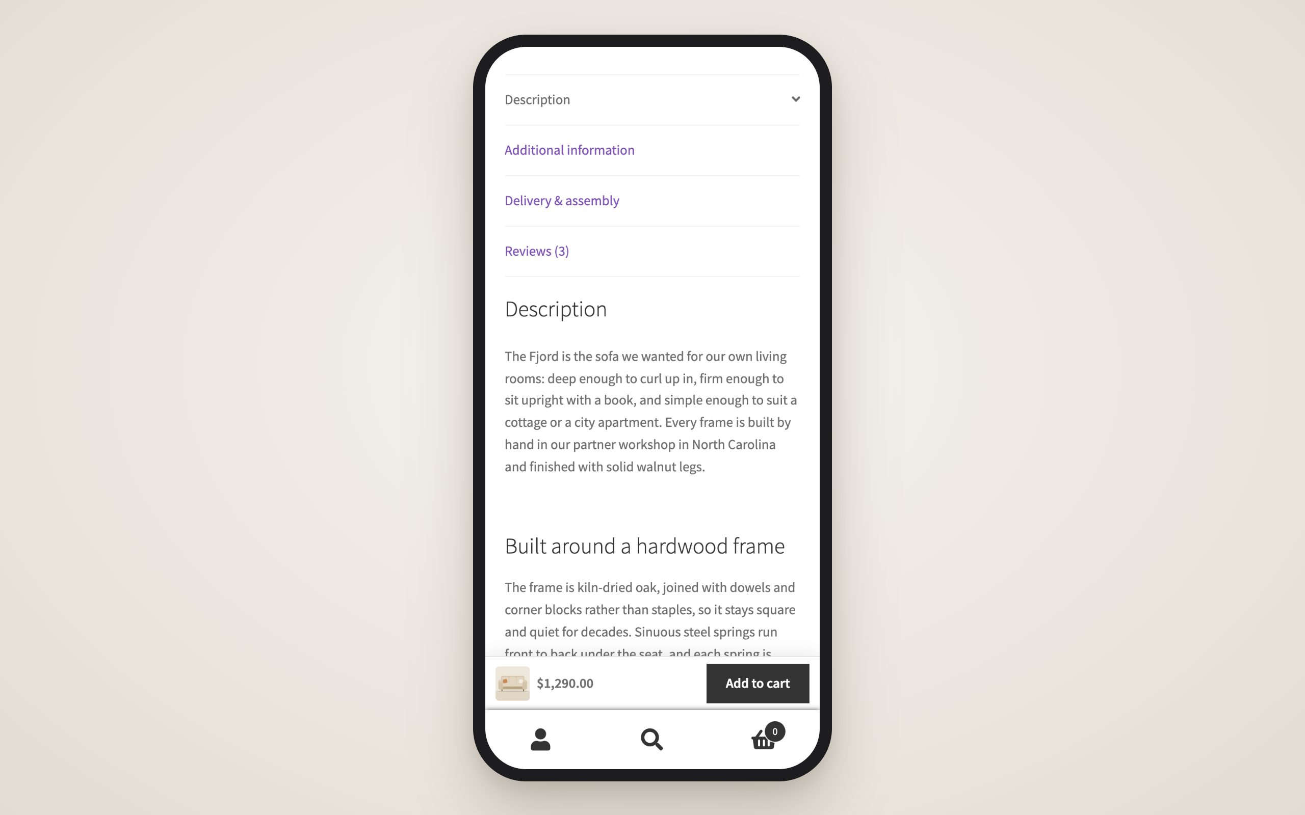 The compact phone layout keeps the image, price and button in a slim bar.