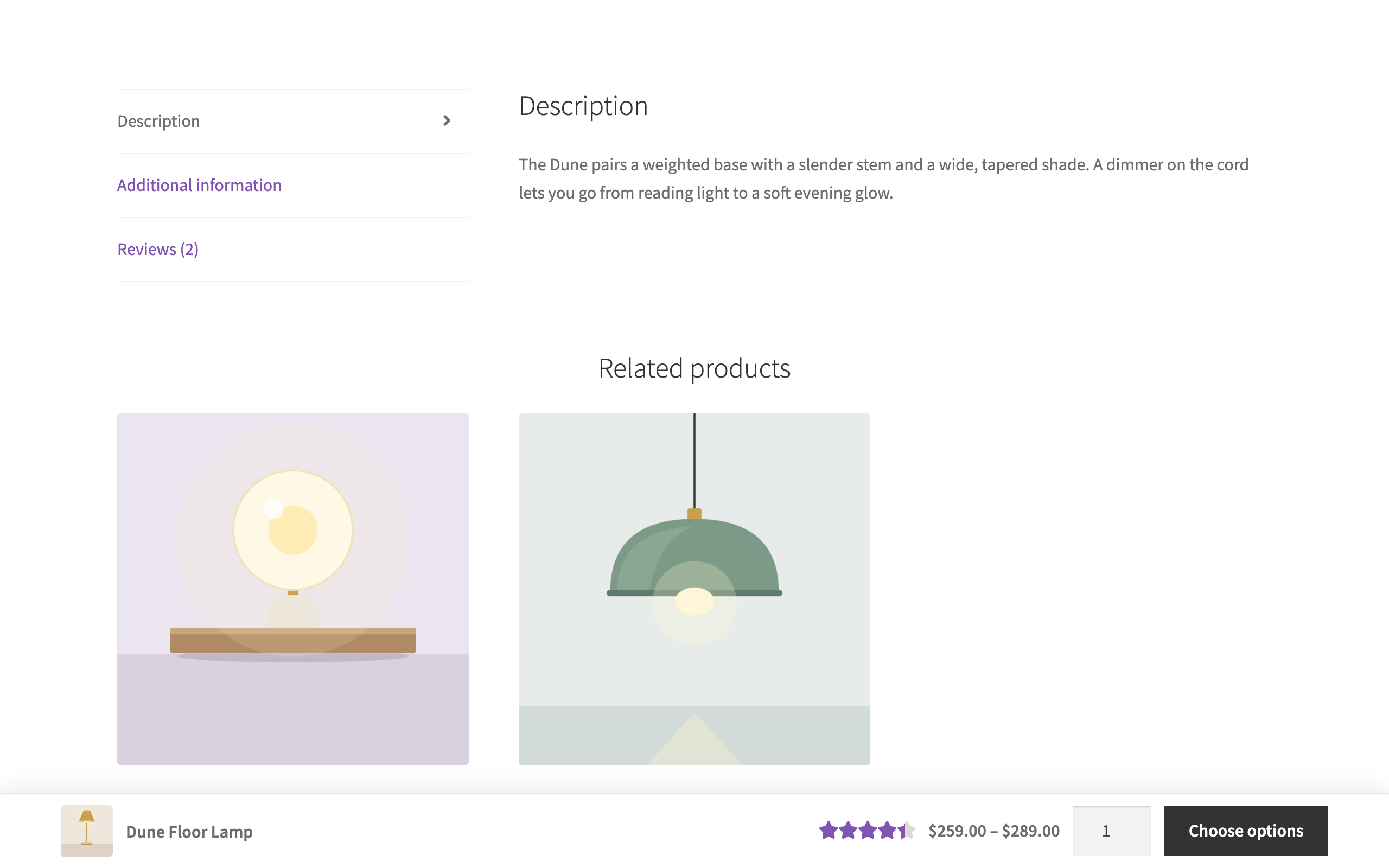 A variable product before a choice: "Choose options" takes the shopper straight back to the options.