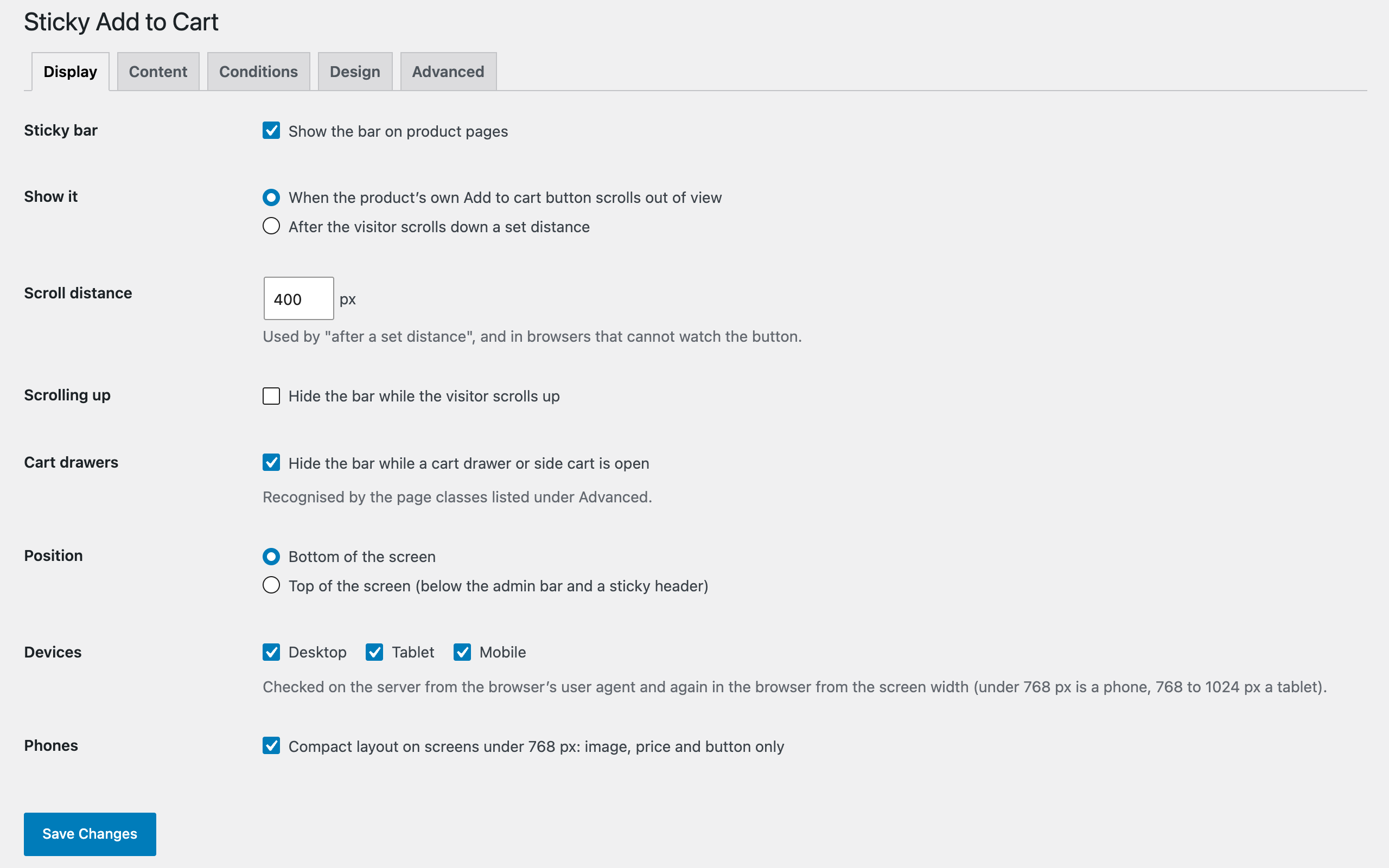 Display settings: when the bar appears, where it sits and on which devices.