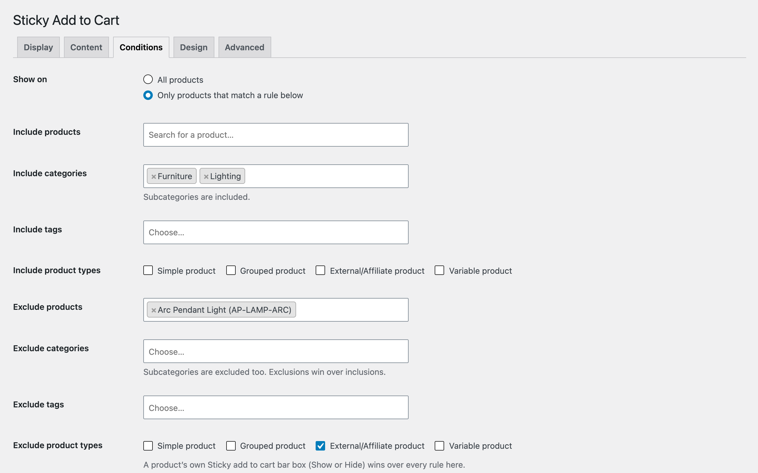 Conditions: show the bar everywhere or only where it helps, by product, category, tag or type.