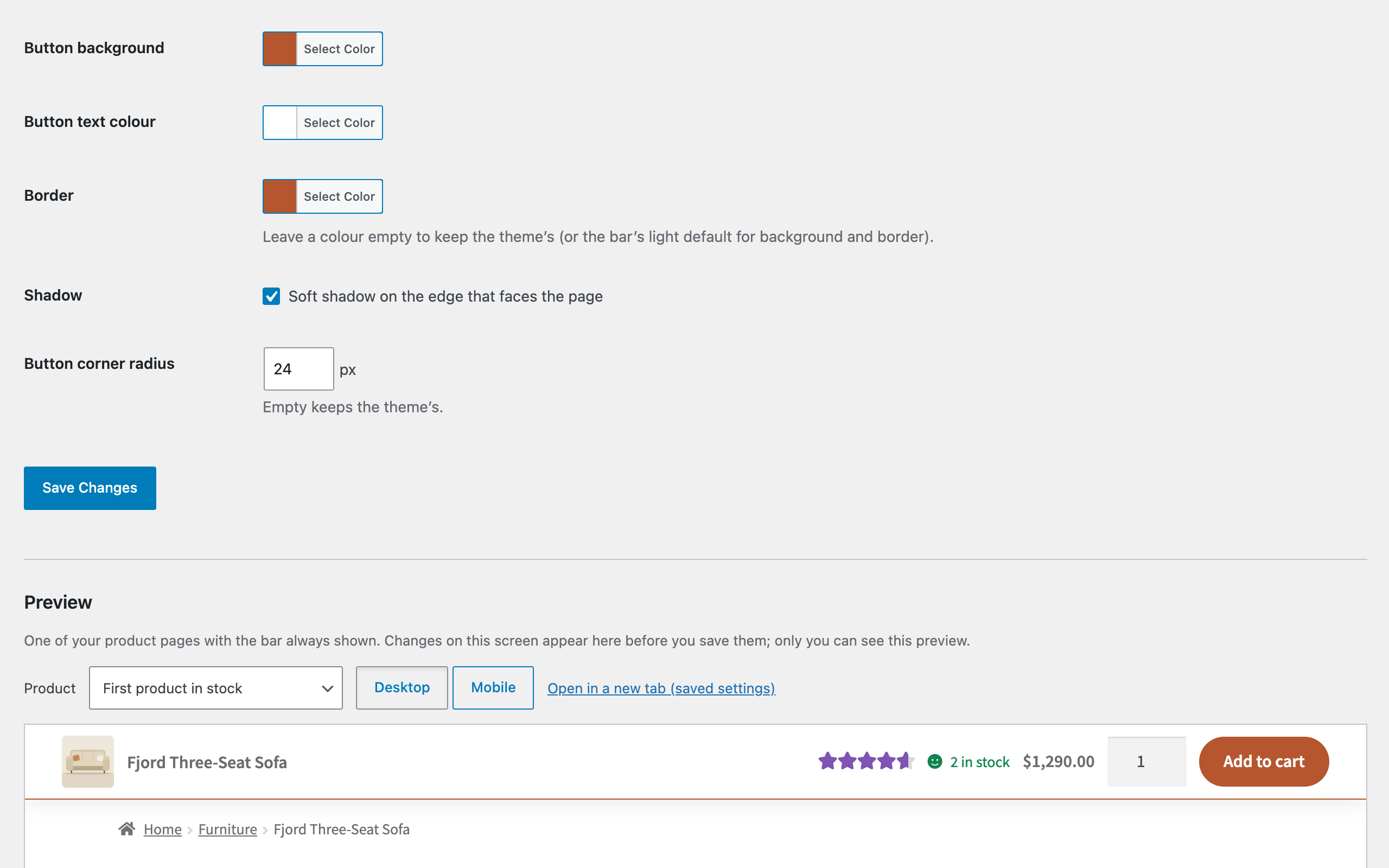 Design settings with the live preview, updated before you save.