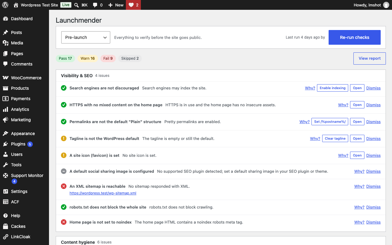 The checklist: automated checks grouped by category with one-click fixes.