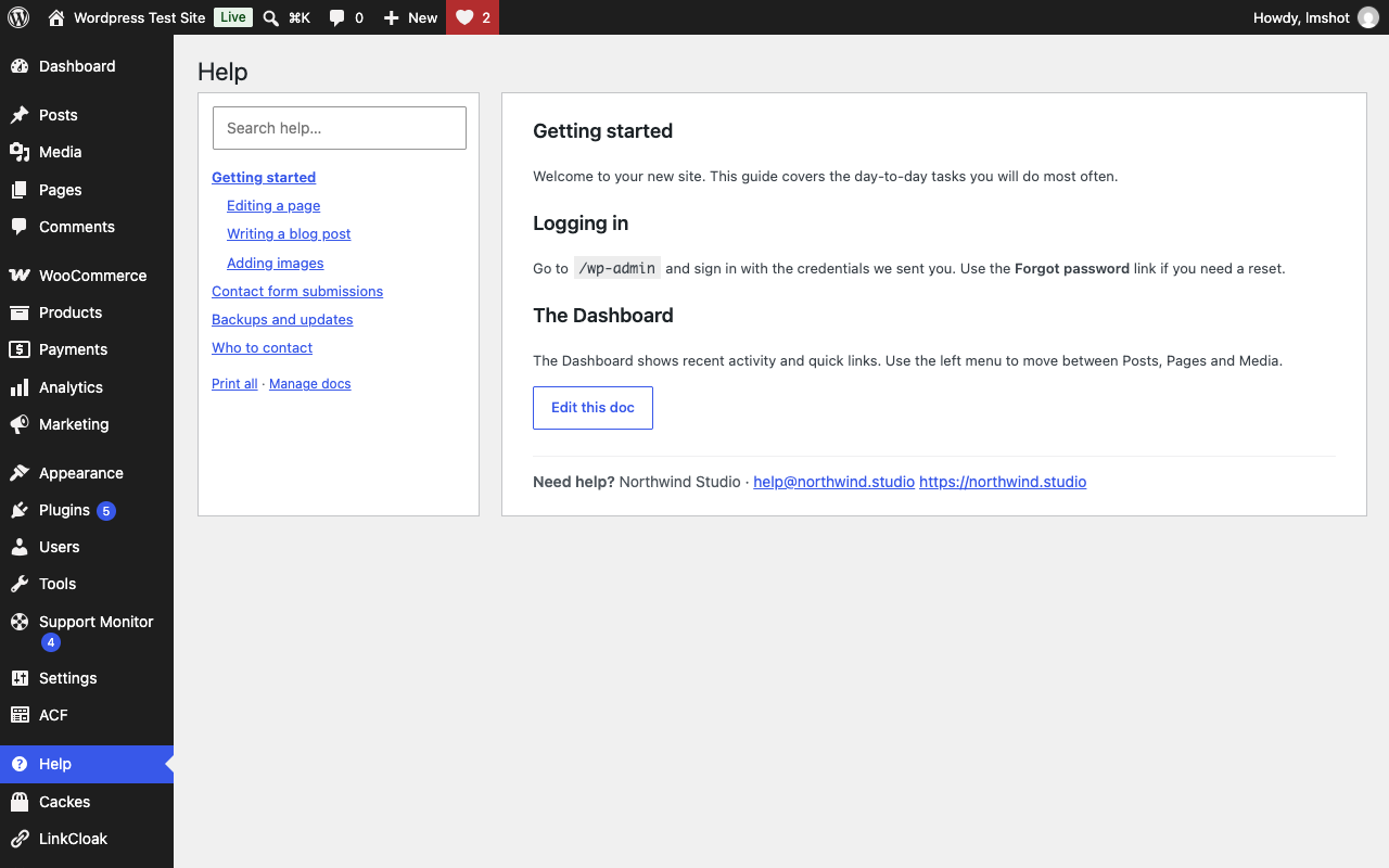 The client's Help screen with your documentation.