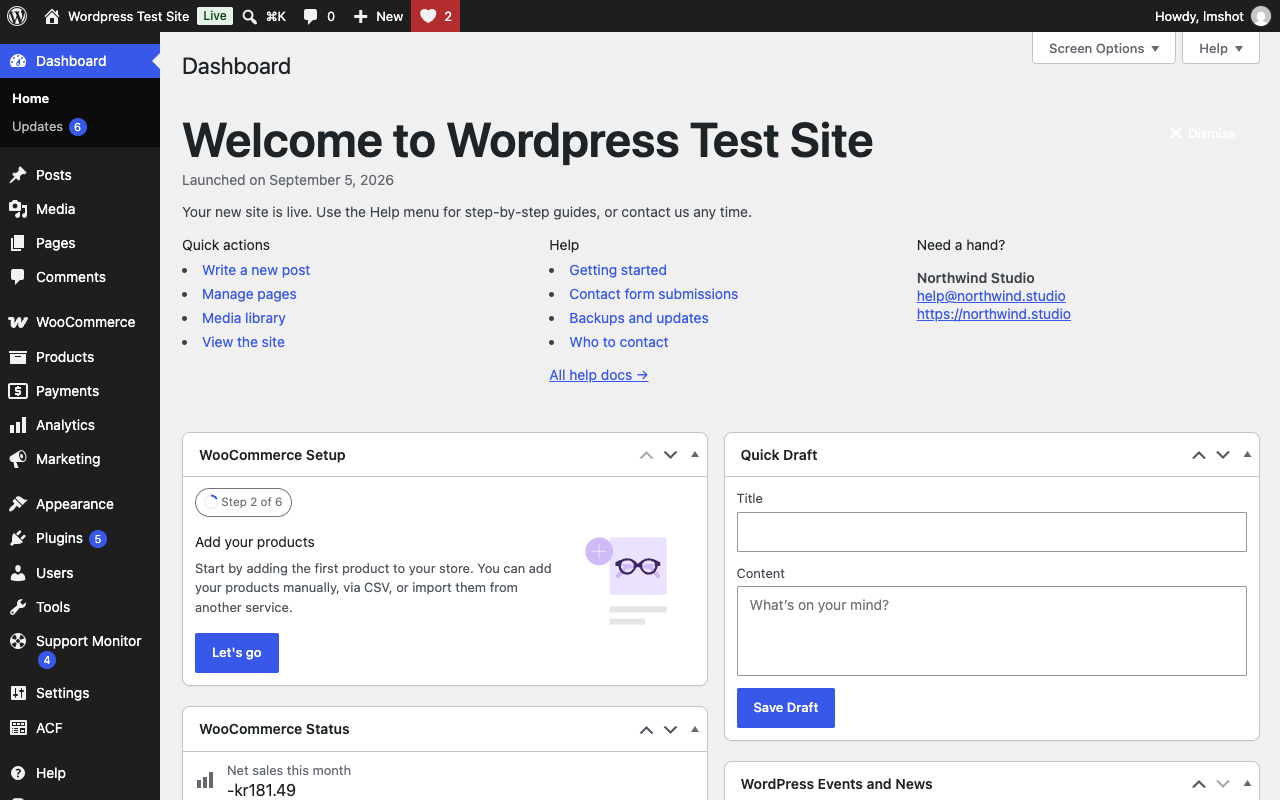 Welcome panel on the client's Dashboard.