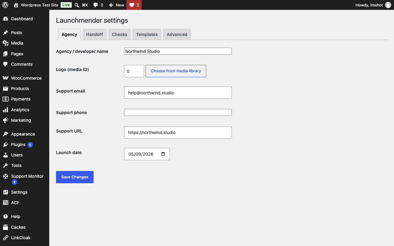 Settings: handoff mode, welcome panel, client role menu and contextual tips.