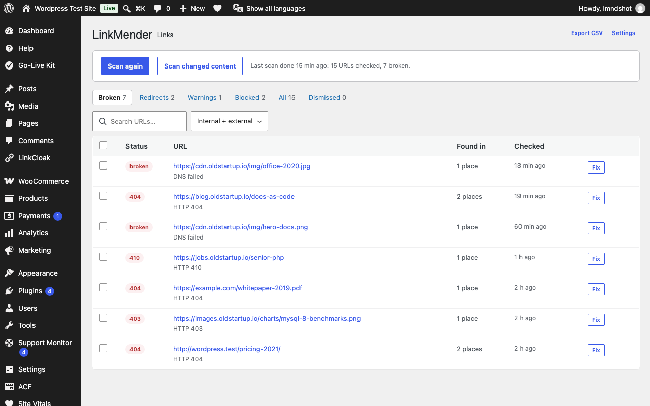 Links screen: broken links grouped by URL with where they appear and one-click fixes.