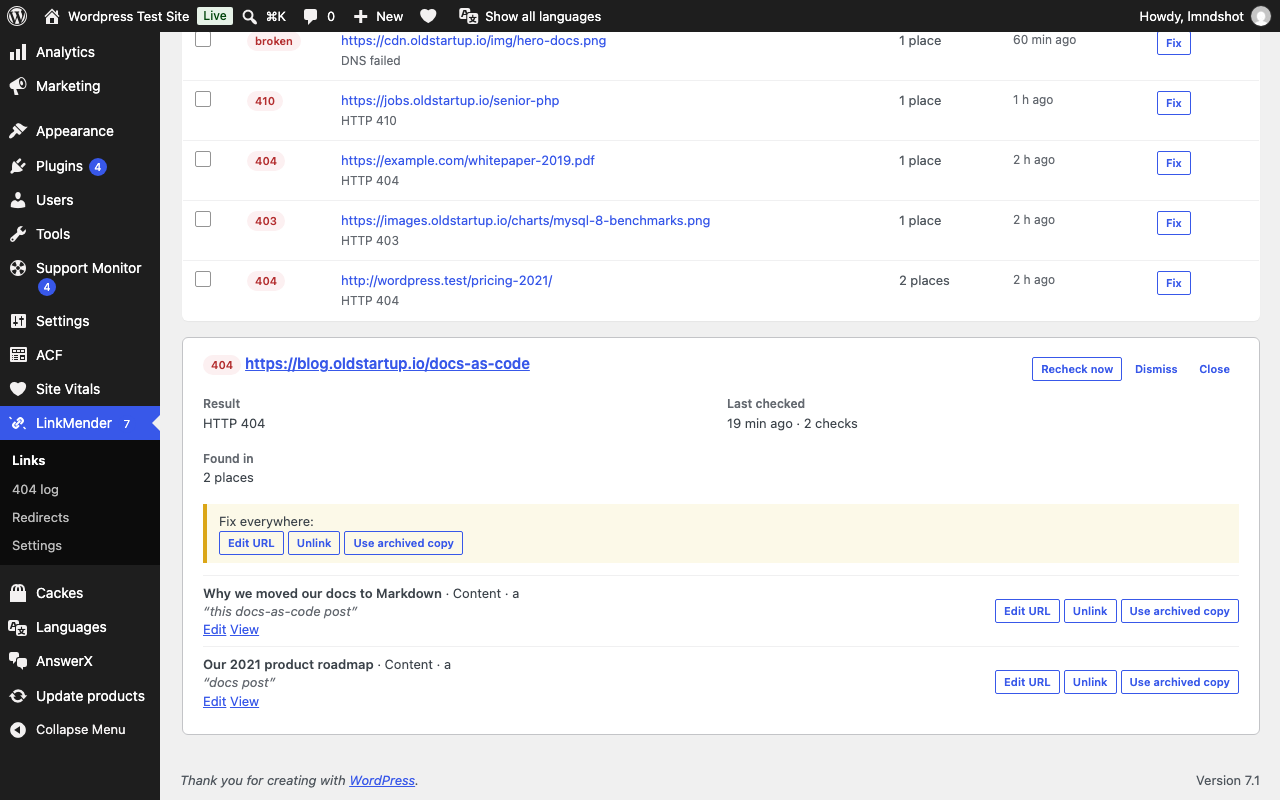 Link detail: edit, unlink, use an archived copy or redirect, with instant verification.