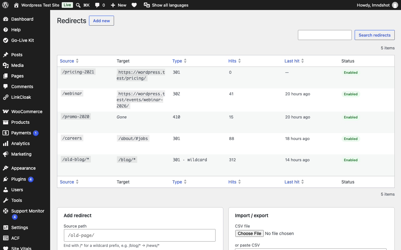 Redirects: exact and wildcard rules, hit counts, CSV import/export.