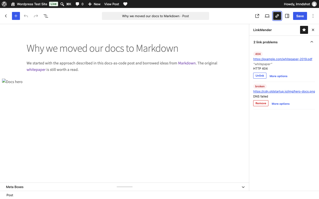 Editor sidebar showing link problems in the post you are editing.