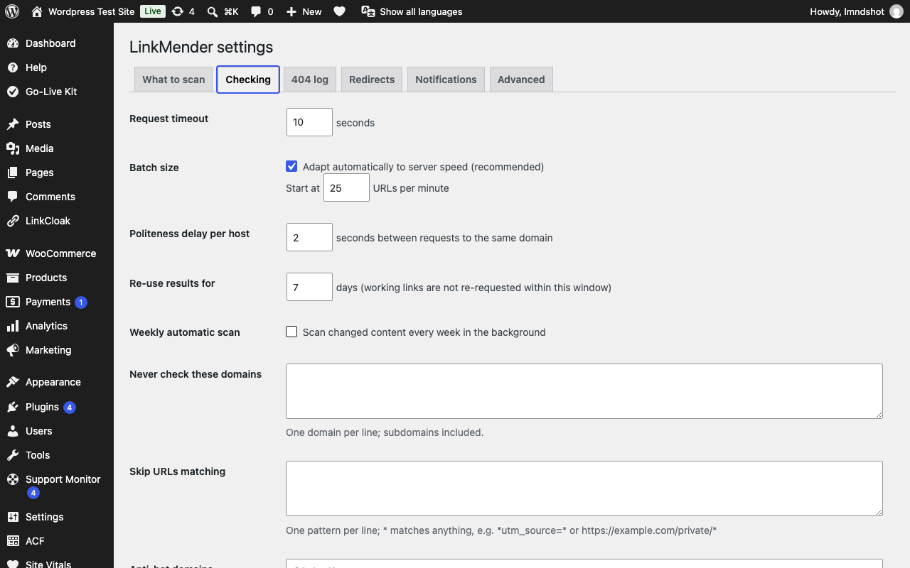 Settings: what to scan, politeness, exclusions, 404 log and notifications.