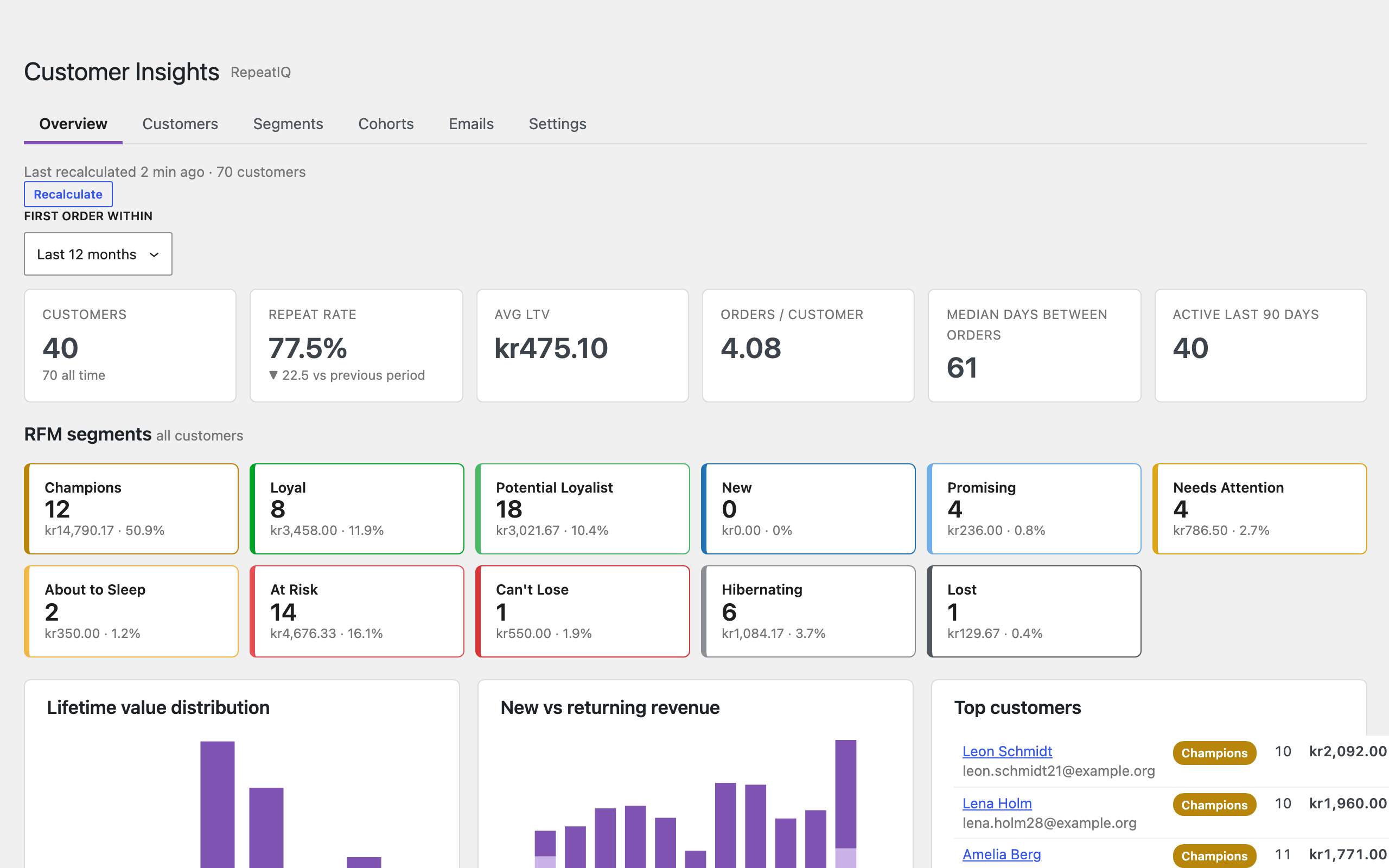 Overview with KPIs and the RFM segment grid.