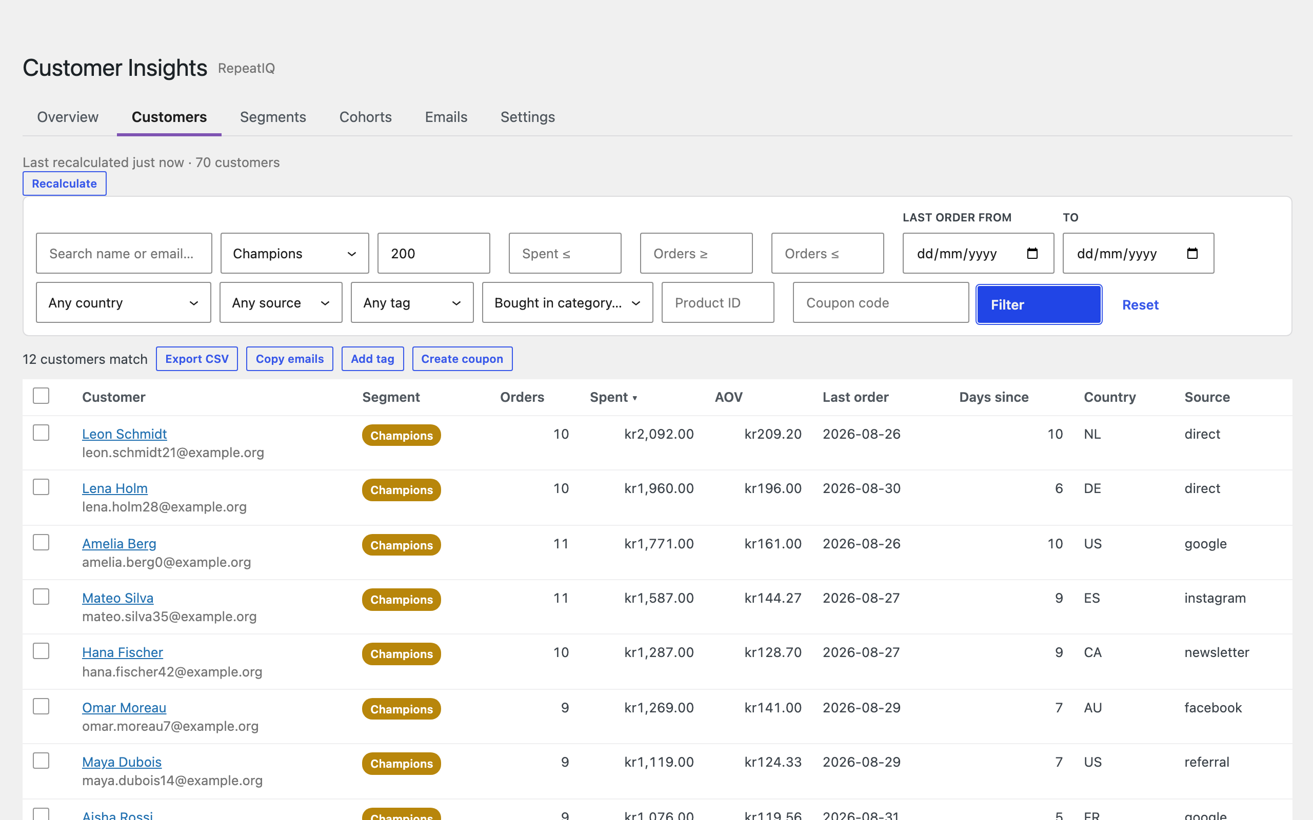 Customers list with filters and bulk actions.