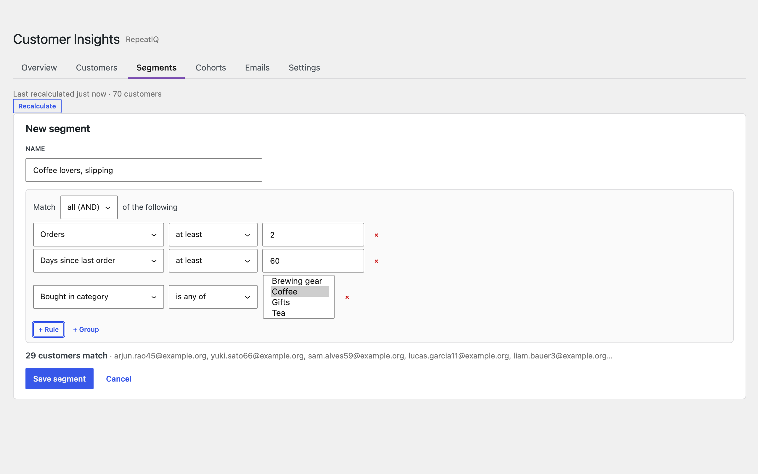 Segment builder with live count.