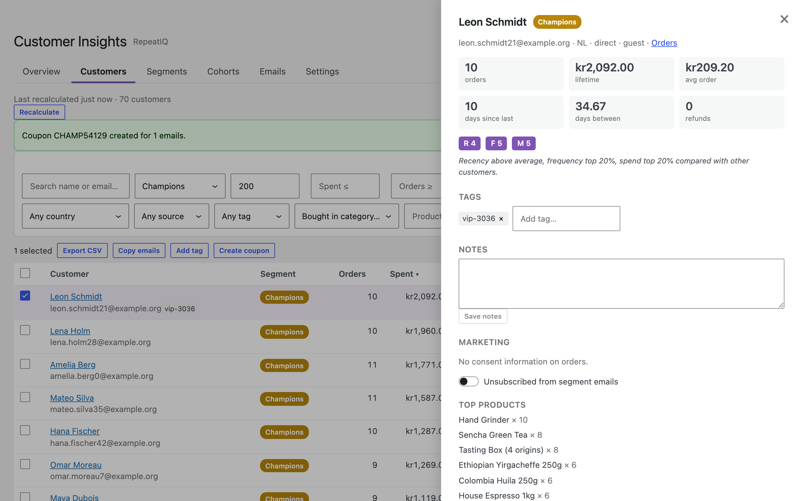 Customer drawer with order timeline and RFM explanation.