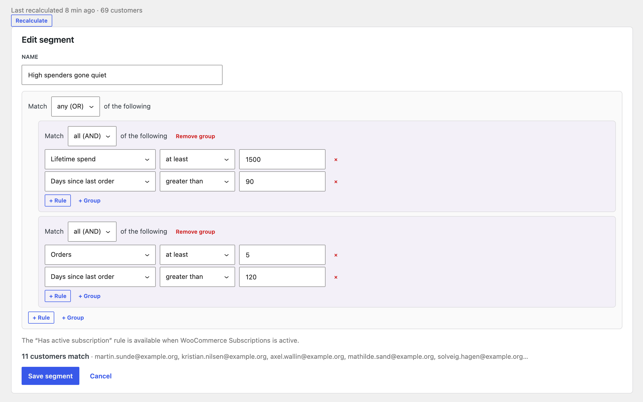 Segment builder with live count.