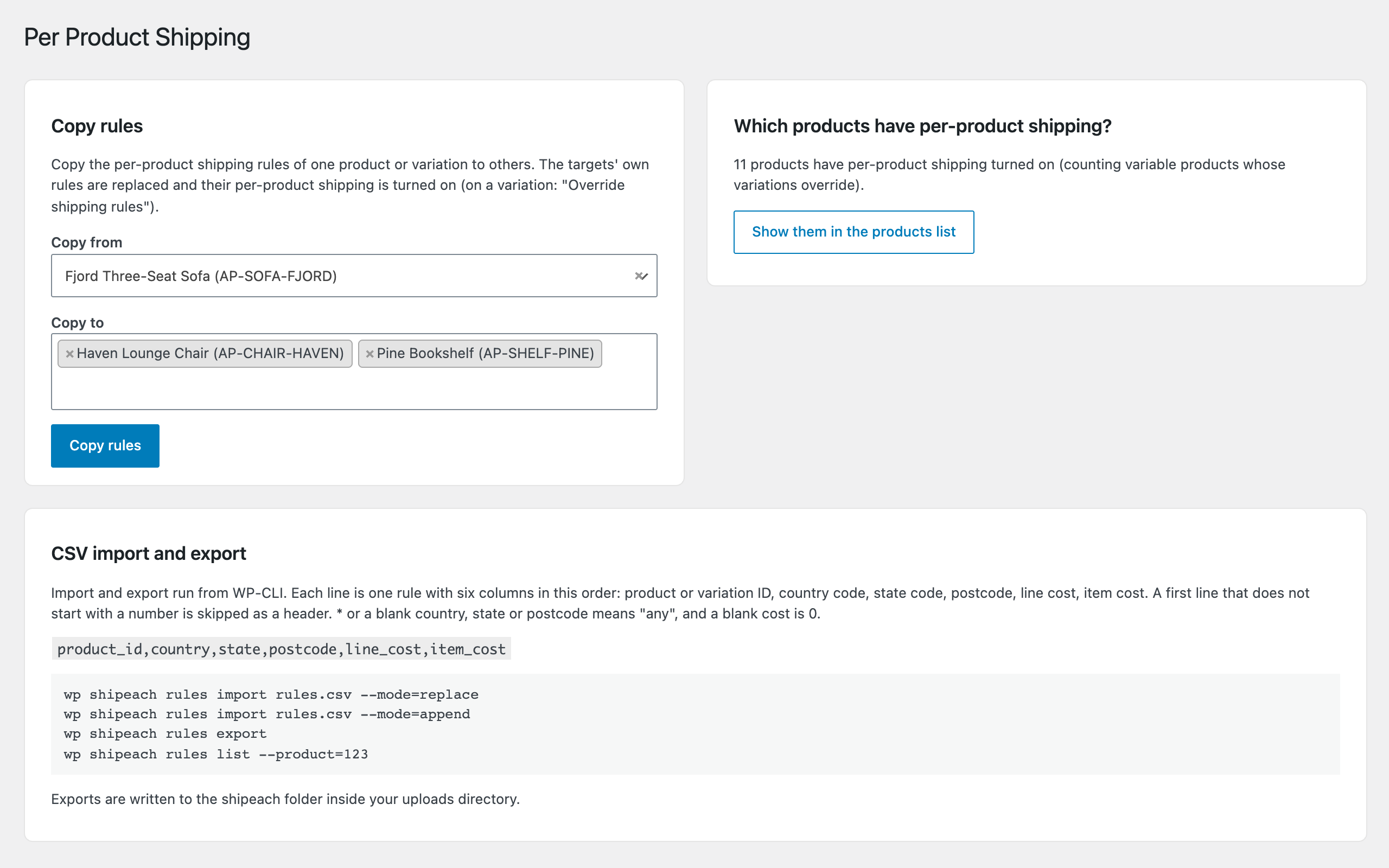 Copy rules between products and find every product that uses per-product shipping.