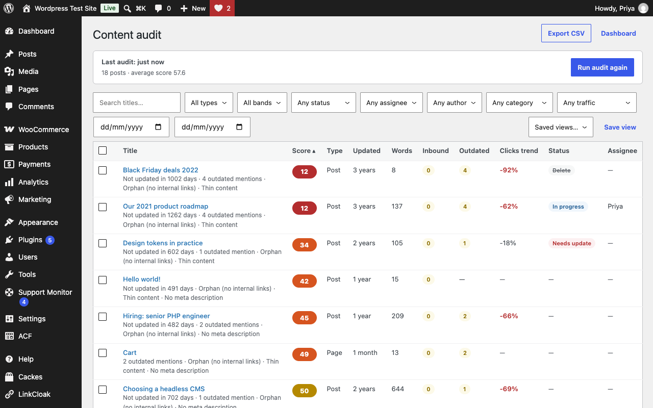 Audit table with freshness scores, reasons, traffic trend, workflow status and filters.