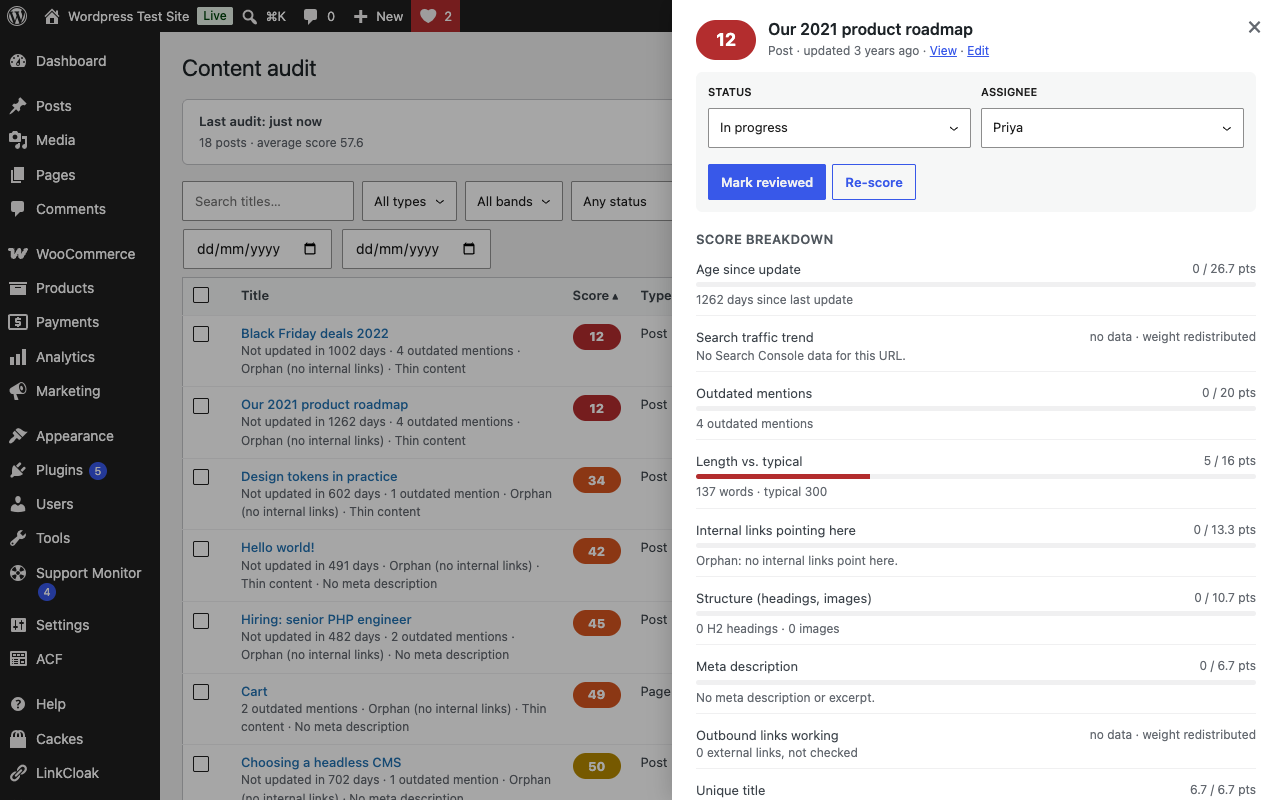 Post drawer: score breakdown per signal, outdated mentions in context, inbound links and notes.