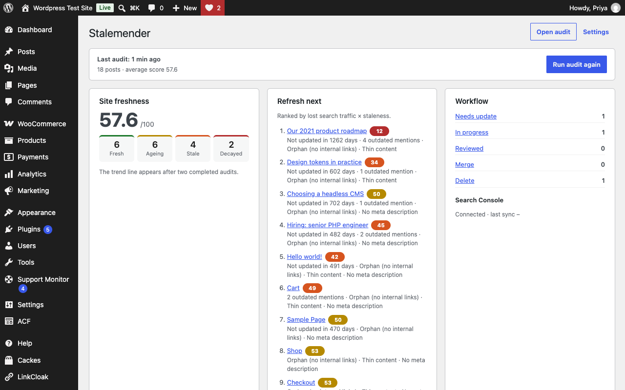Dashboard: band distribution, average score trend and the "refresh next" list.