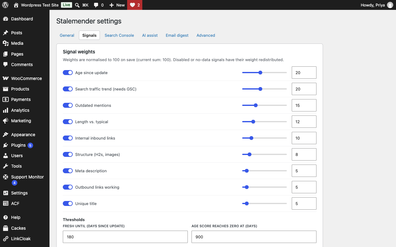 Settings: signal weights and thresholds.
