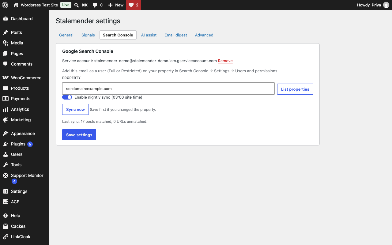 Settings: Search Console connection.