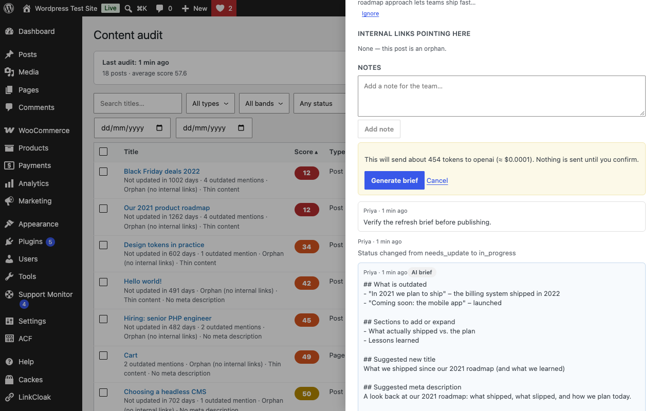 AI refresh brief saved as a note, with the token estimate shown before sending.