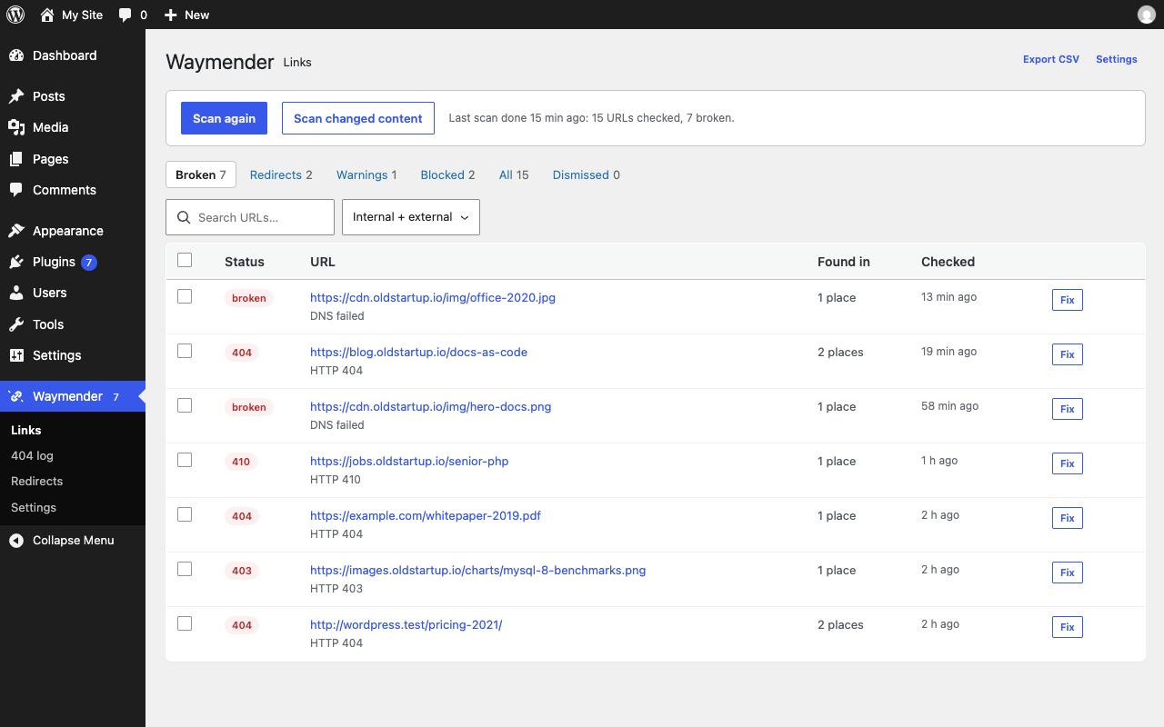 Links screen: broken links grouped by URL with where they appear and one-click fixes.