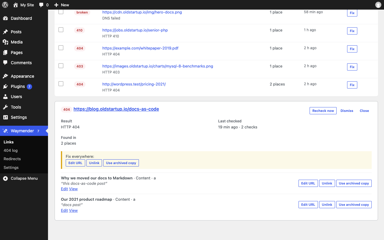 Link detail: edit, unlink, use an archived copy or redirect, with instant verification.