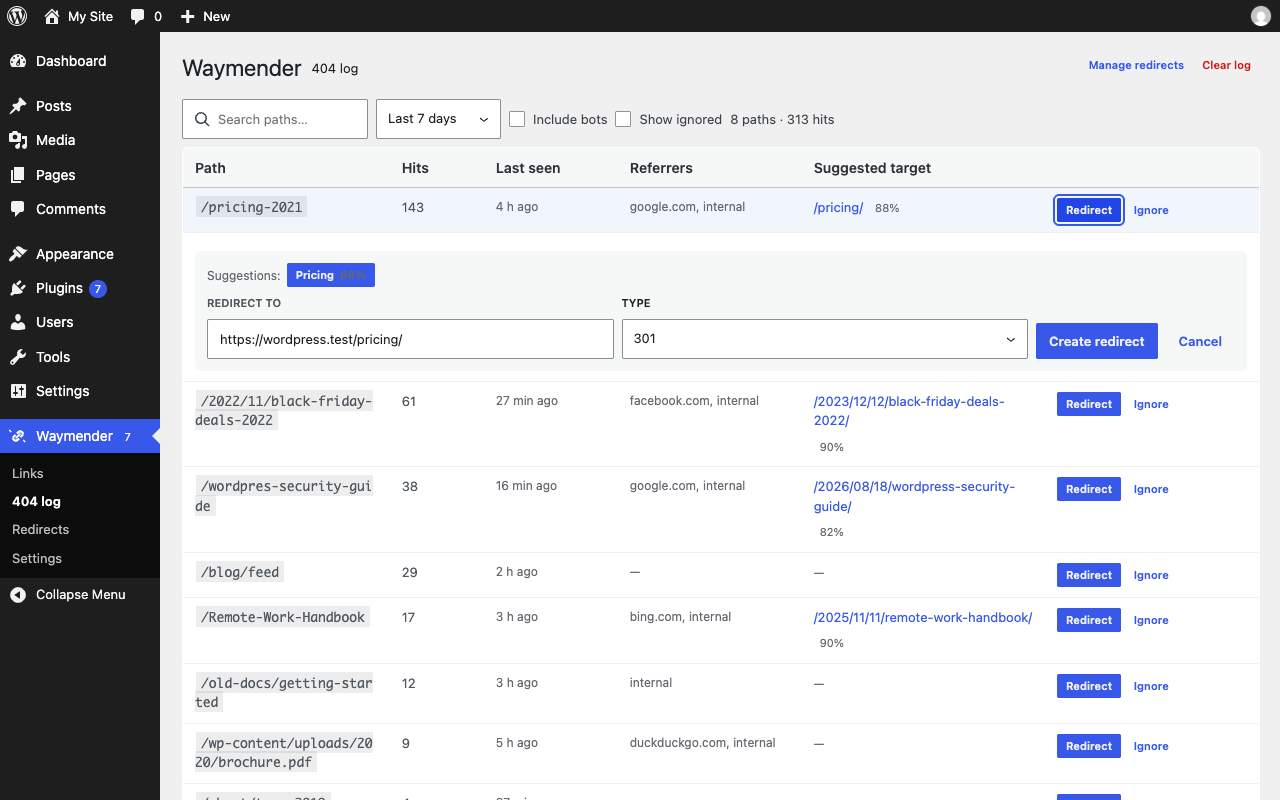 404 log with hit counts, referrers and suggested redirect targets.