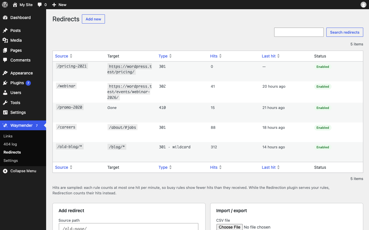 Redirects: exact and wildcard rules, hit counts, CSV import/export.