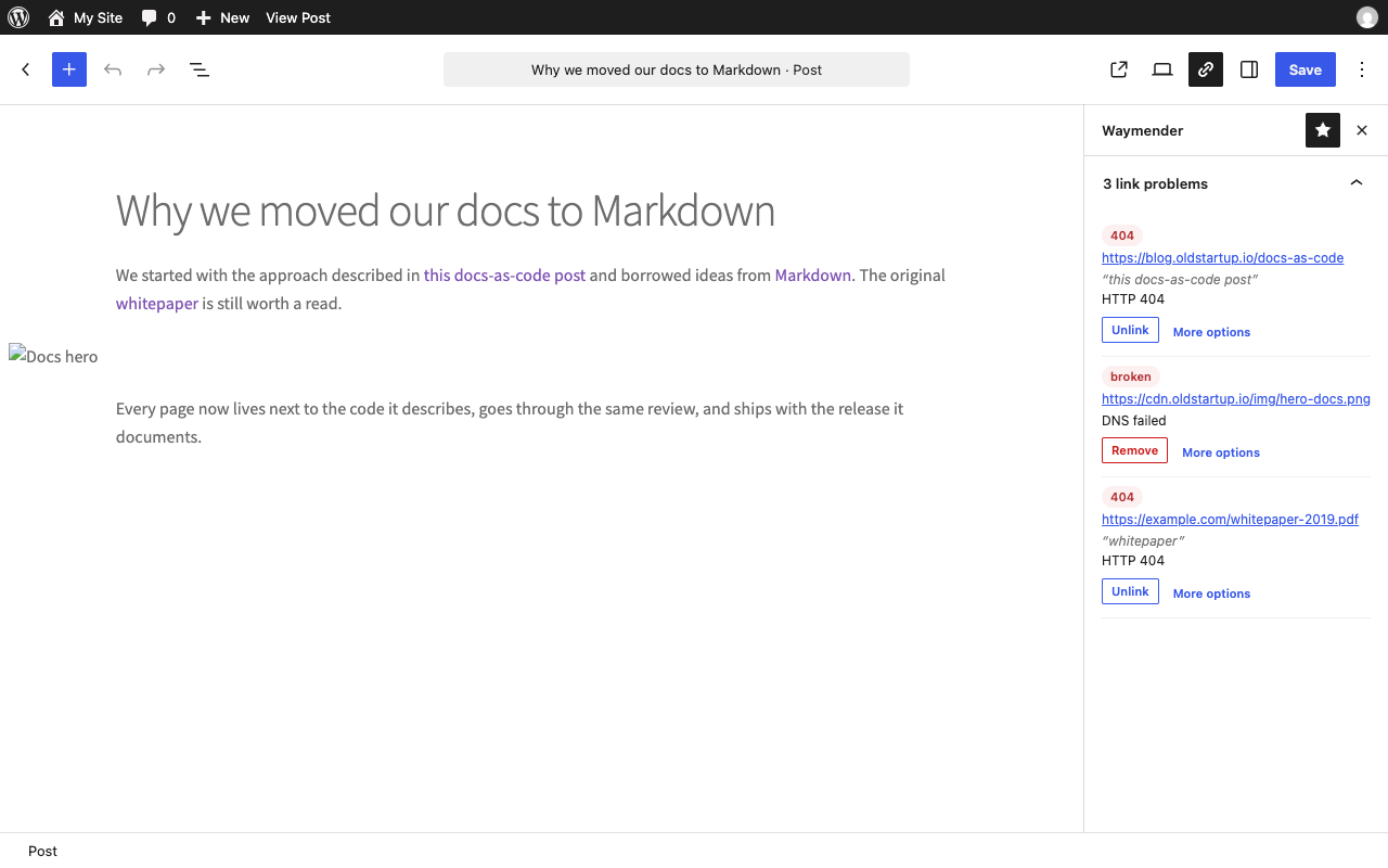 Editor sidebar showing link problems in the post you are editing.