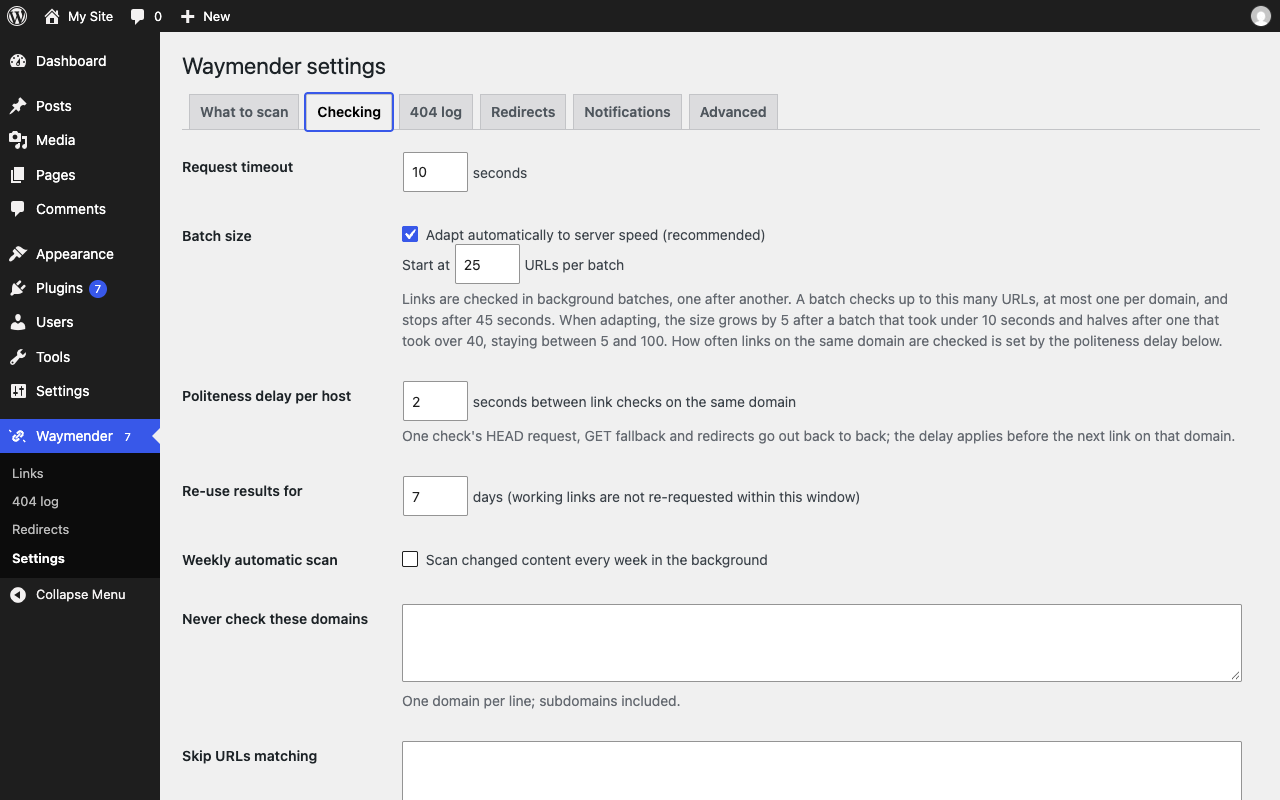 Settings: what to scan, politeness, exclusions, 404 log and notifications.